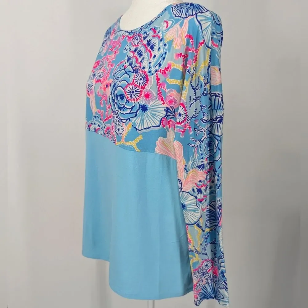 Lilly Pulitzer Blue Hot Pink Turtle Coral Long Sleeve Finn Shirt Blouse Medium - Picture 2 of 9